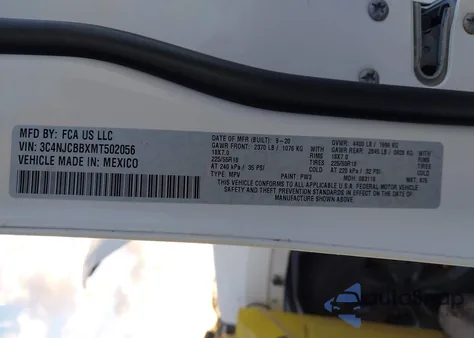 2021 Jeep Compass Altitude Fwd z USA, uszkodzony, nr VIN 3C4NJCBBXMT502056